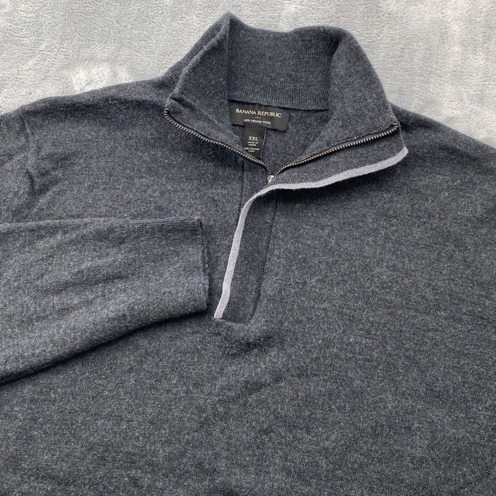 Banana Republic Mens XXL Charcoal Gray 100% Merino Wool Quarter Zip Sweater